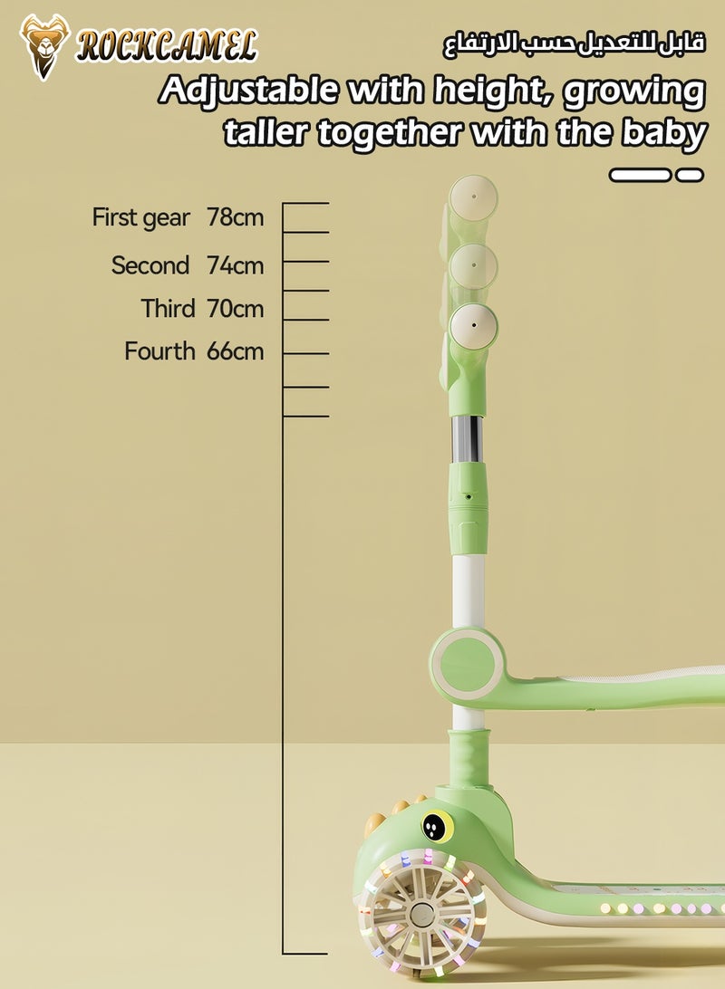 ROCKCAMEL 2 in 1 Kids Kick Scooter, Foldable Scooter with Music, LED Lighted Wheels and 4-Level Adjustable Height Handlebars, Widen Anti-Slip Deck, Sensitive Brakes, Kids Toys for Boys & Girls Ages 1-12, Green - Image 4